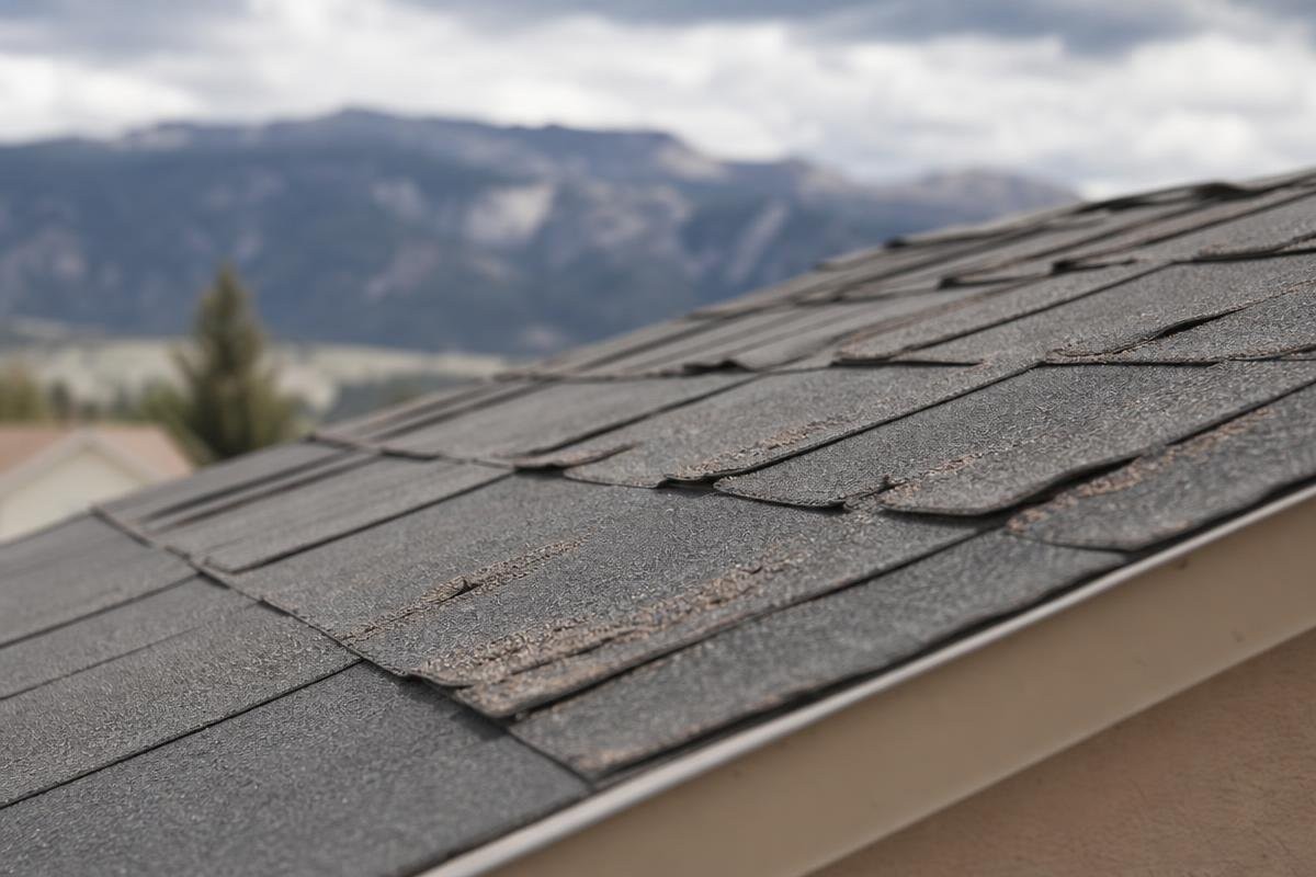 Close-up view of an aging, weathered asphalt shingle roof with visible wear and curling edges