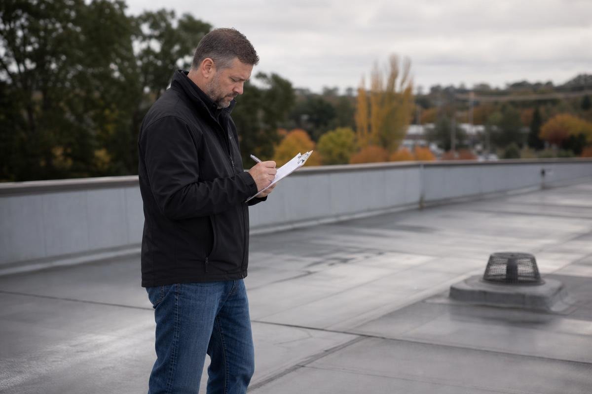 Flat roof maintenance inspection for a Shingle Springs commercial building