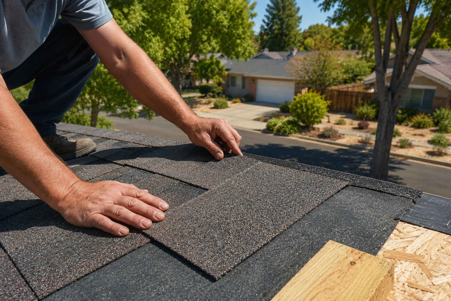 Roofer laying asphalt shingles on a Sacramento-area home roof, showing the hands-on detail of a roof repair or replacement project