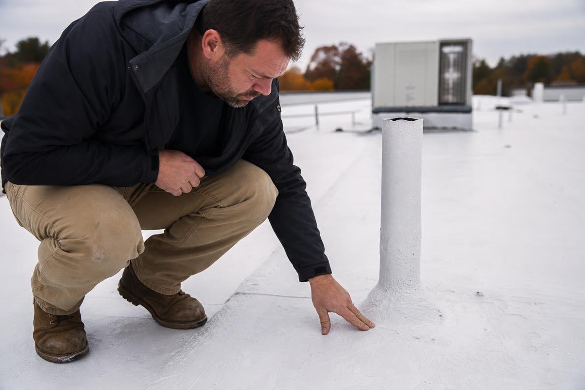 Roof coating maintenance inspection on a commercial flat roof