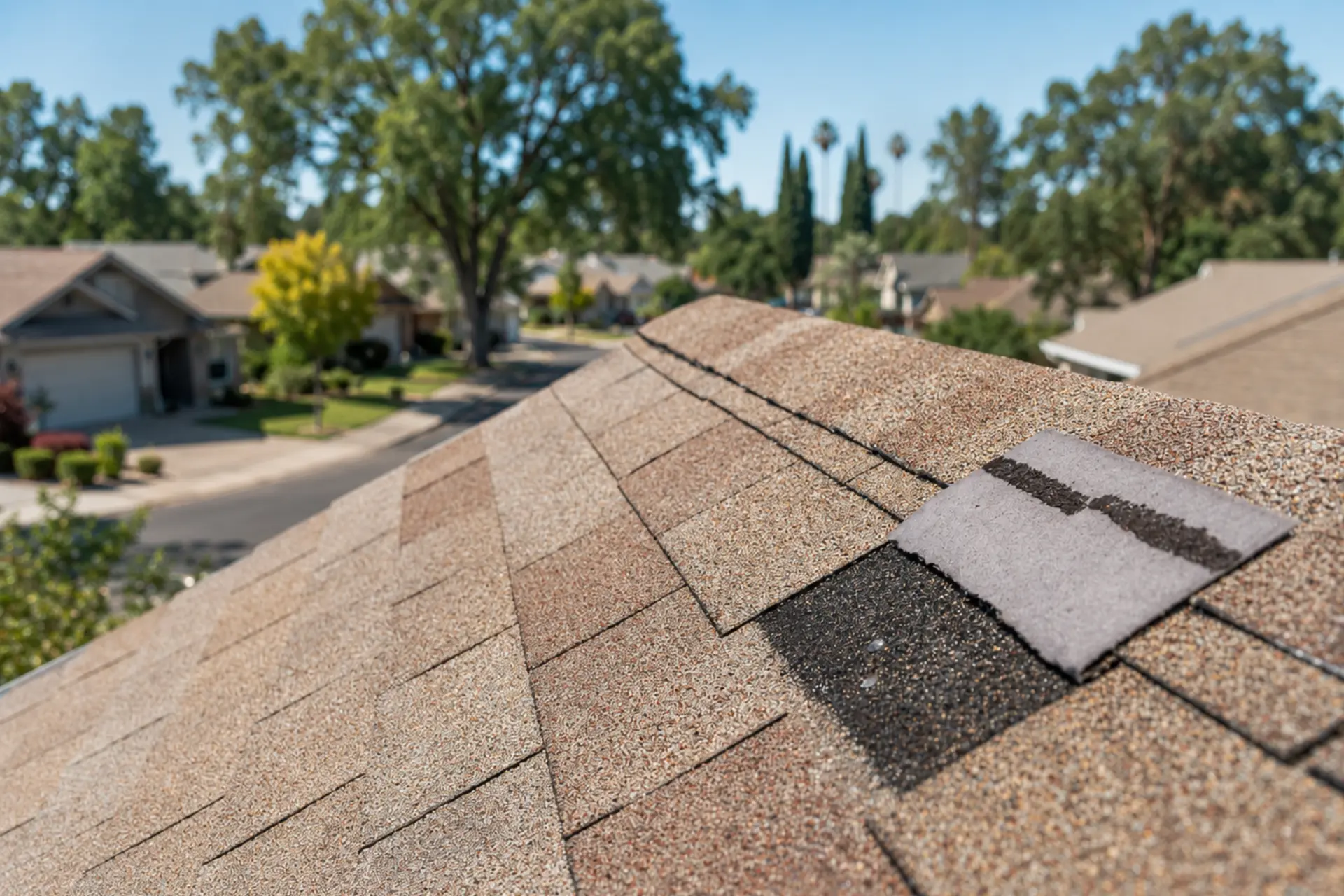 Close-up of wind-damaged asphalt shingles on a suburban Sacramento home, showing missing tabs and exposed underlayment after a storm