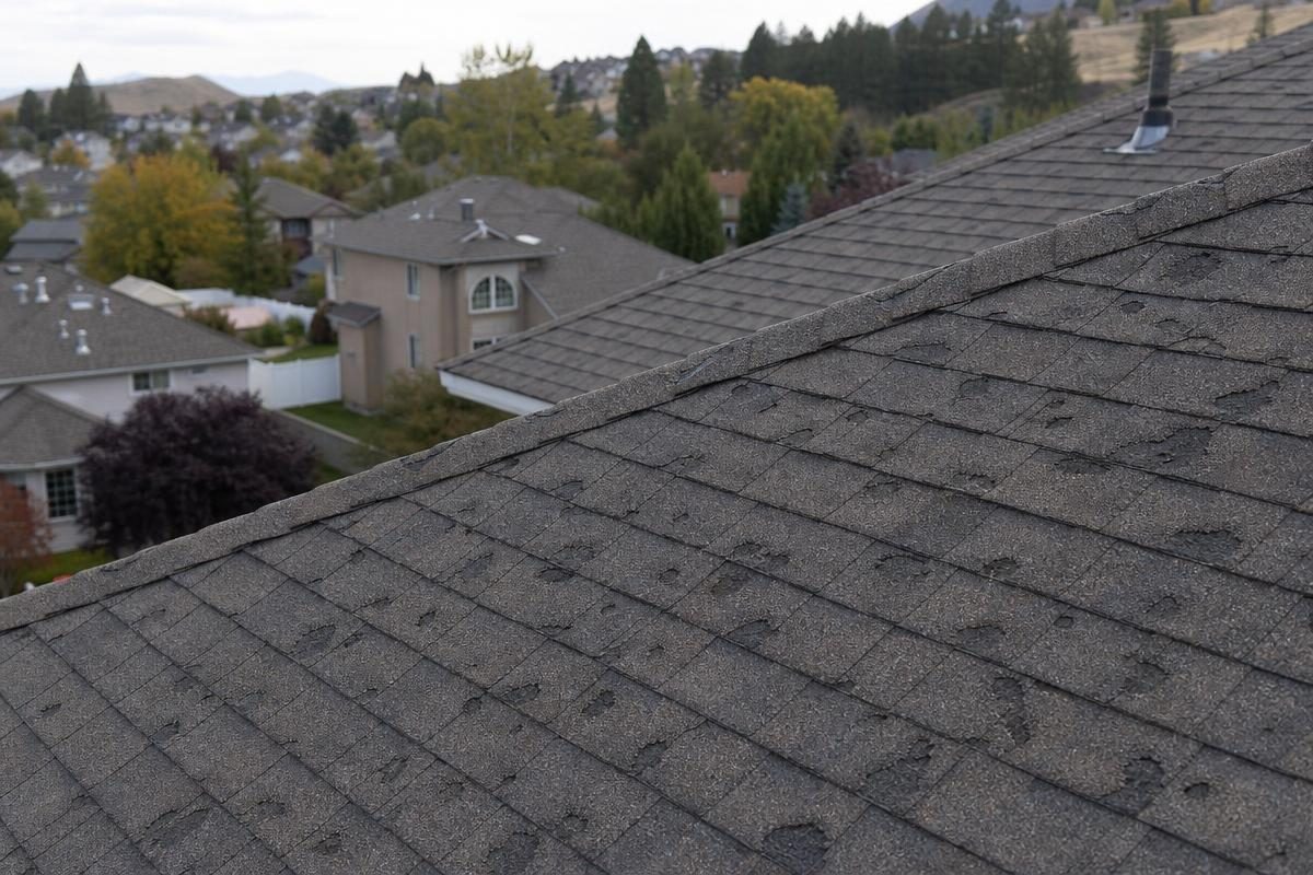 storm damage roof claim Sacramento foothills showing hail impact on composition shingles