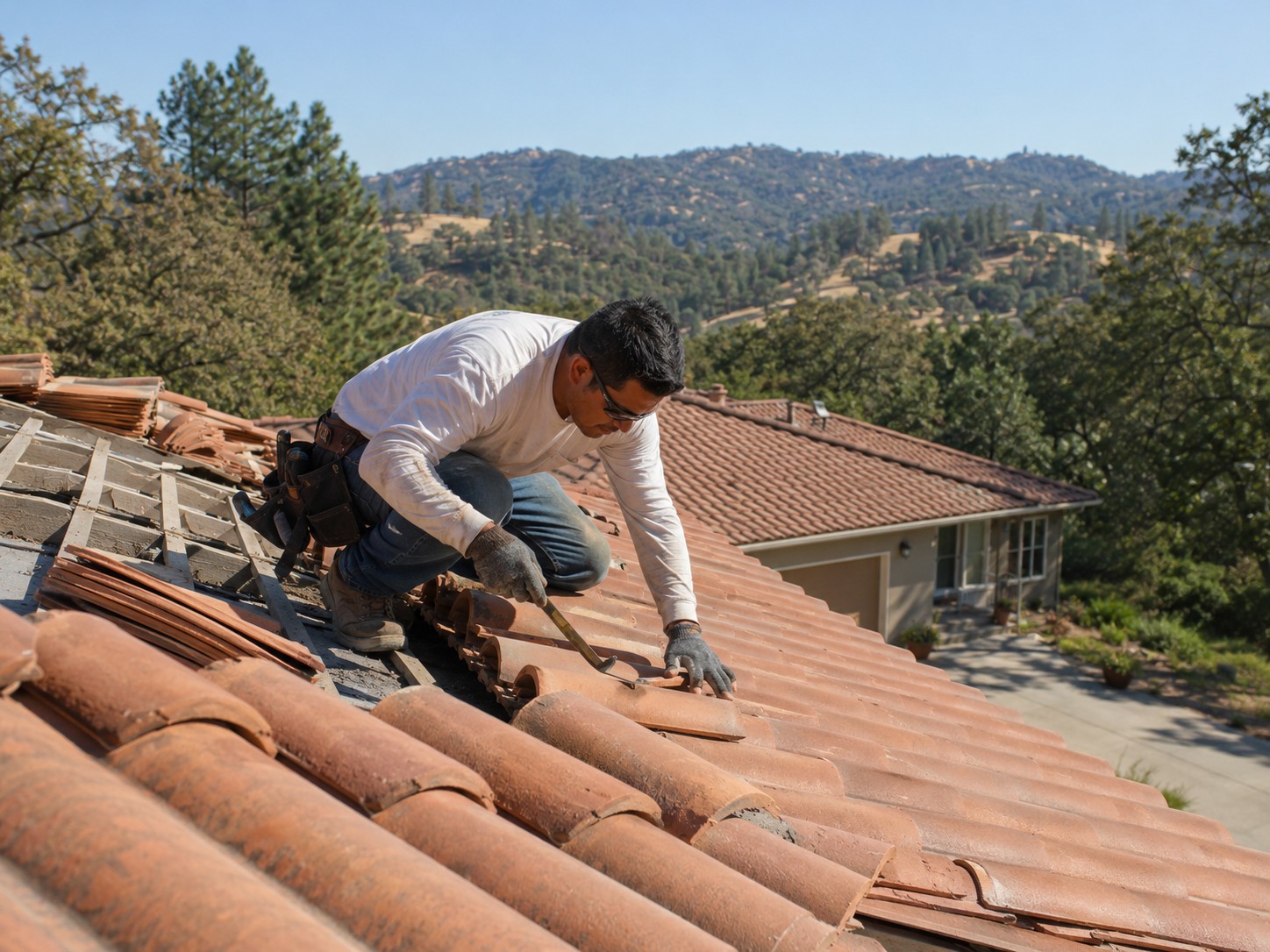 Roofer installing clay tiles on a residential roof
